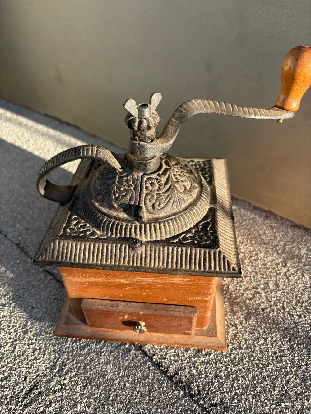 Vintage Wooden hand crank coffee grinder cast iron Rustic farmhouse decor